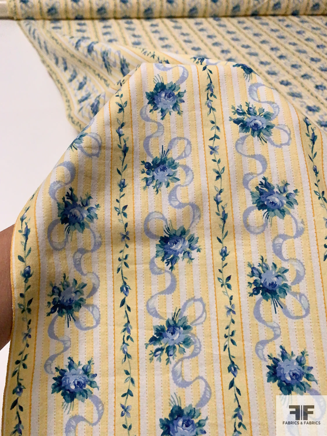 Floral Striped Printed Cotton Lawn - Yellow / Blues / Green / Off-White