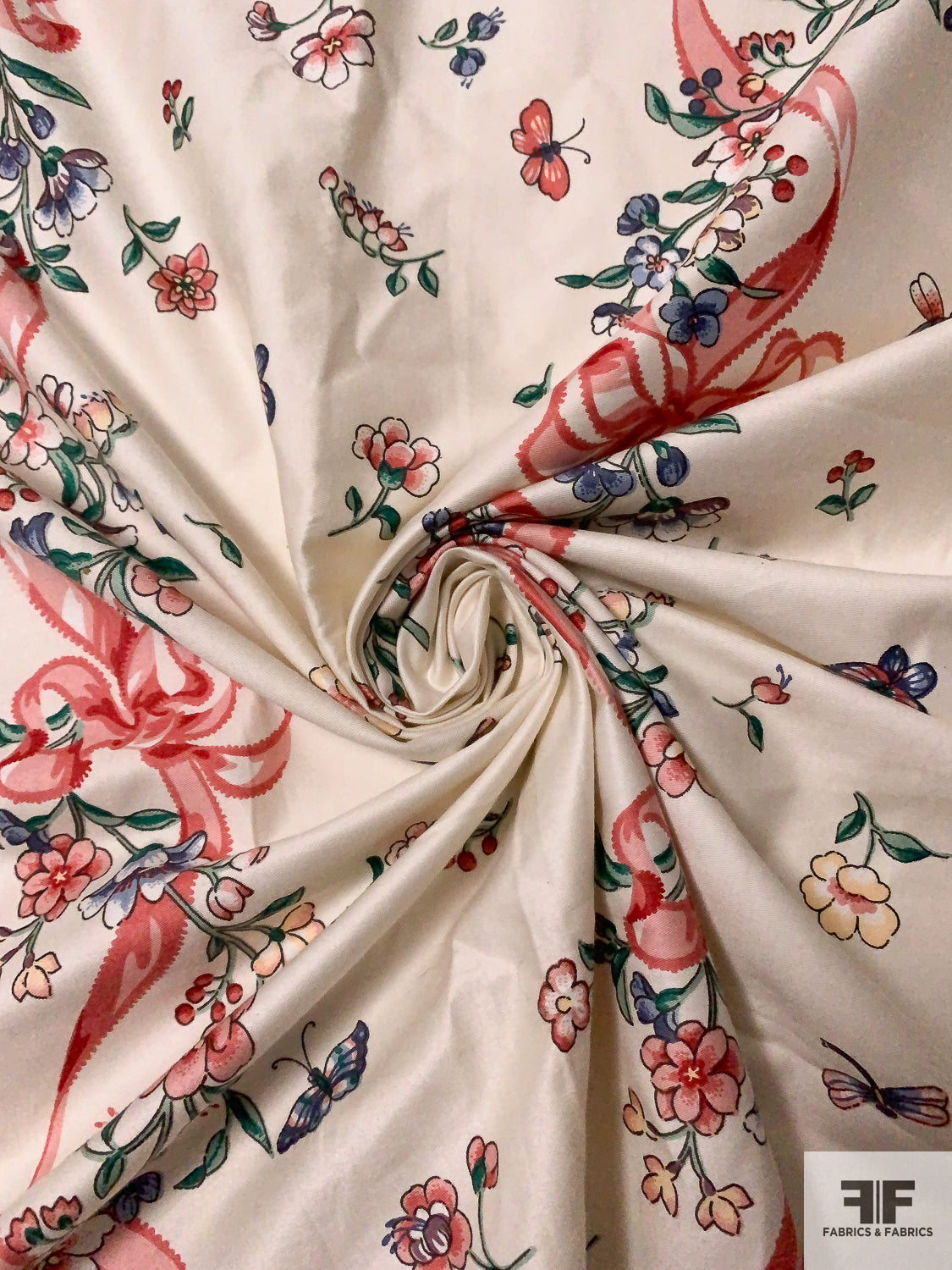 Trailing Floral Ribbon Printed Fine Cotton Twill - Light Biege / Dusty Coral / Green / Soft Blue