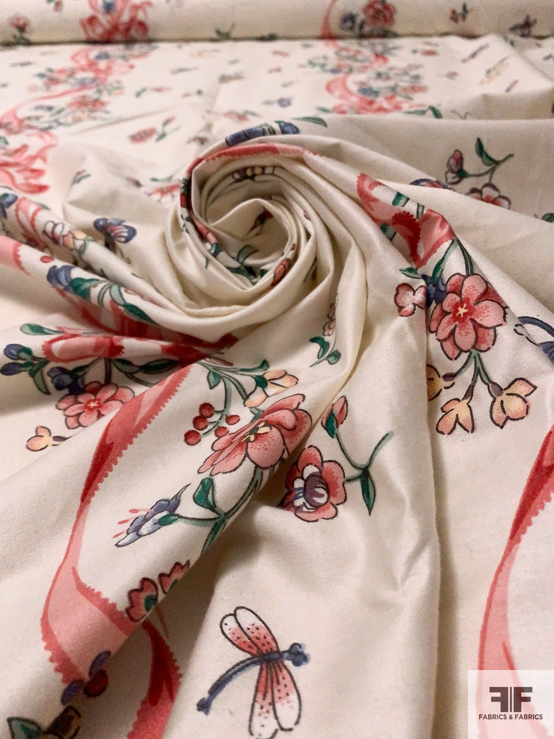 Trailing Floral Ribbon Printed Fine Cotton Twill - Light Biege / Dusty Coral / Green / Soft Blue
