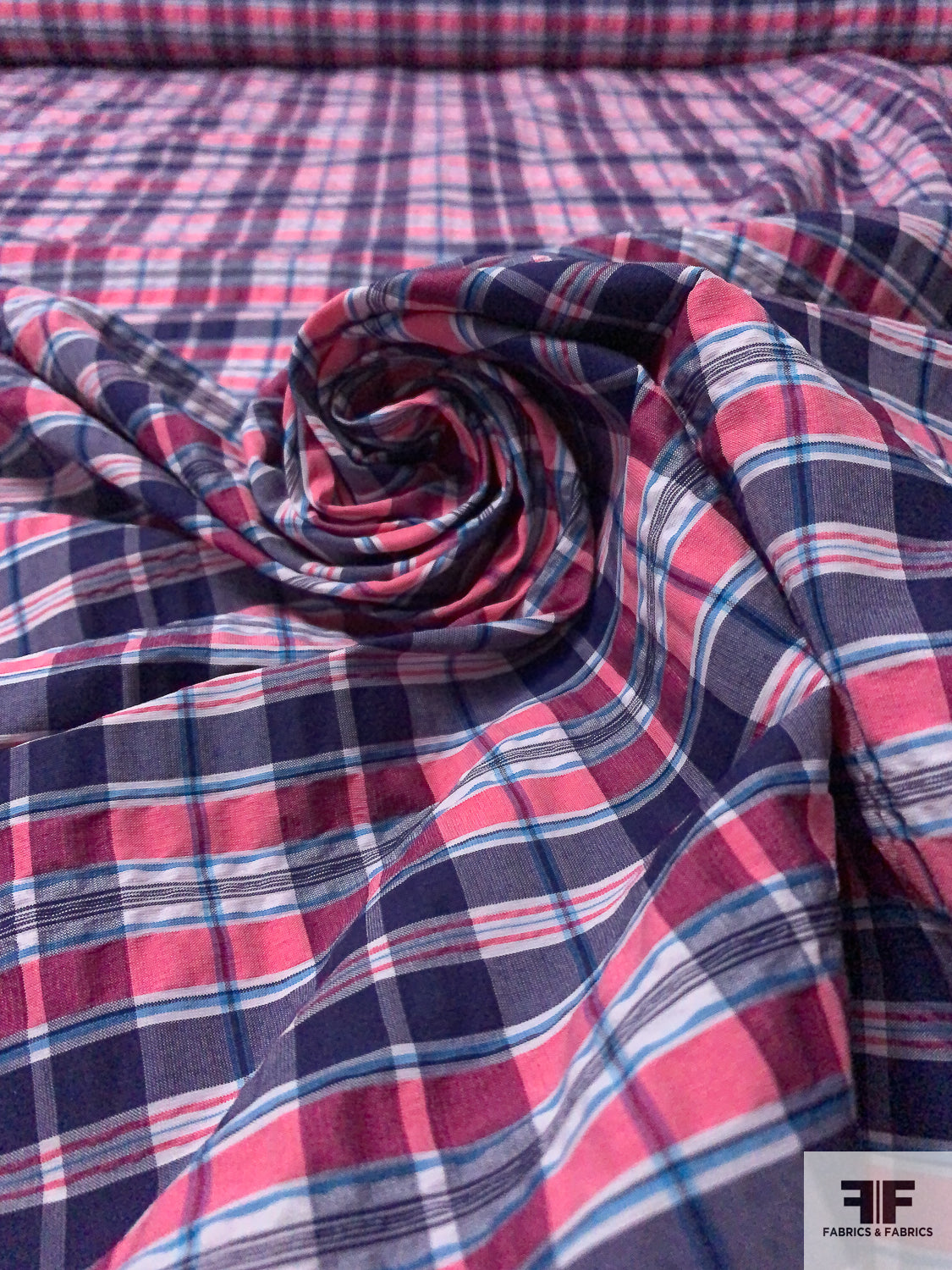 Plaid Textured Stretch Cotton Blend Shirting - Navy / Punch Pink / Blue / White