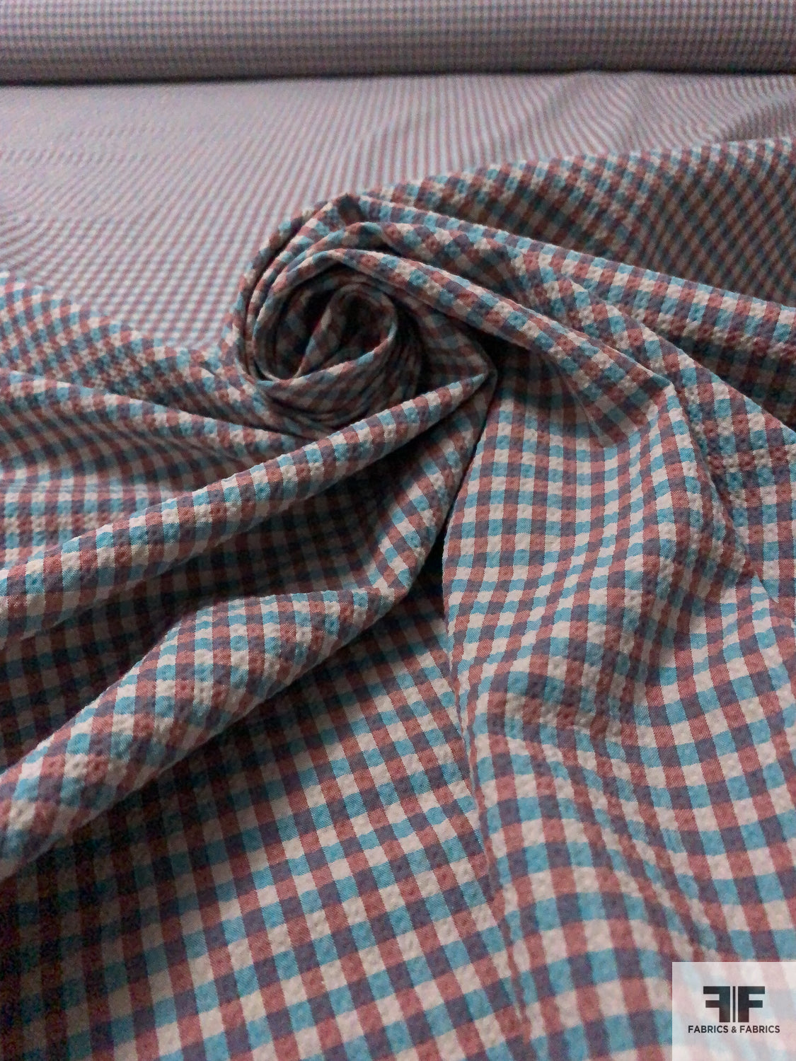 Gingham Check Seersucker-Look Stretch Polyester Shirting - Dusty Turquoise / Dusty Red / Beige