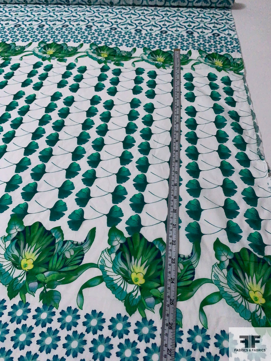 Multi-Pattern Printed Cotton Voile Panel - Green / Teal / Light Seafoam