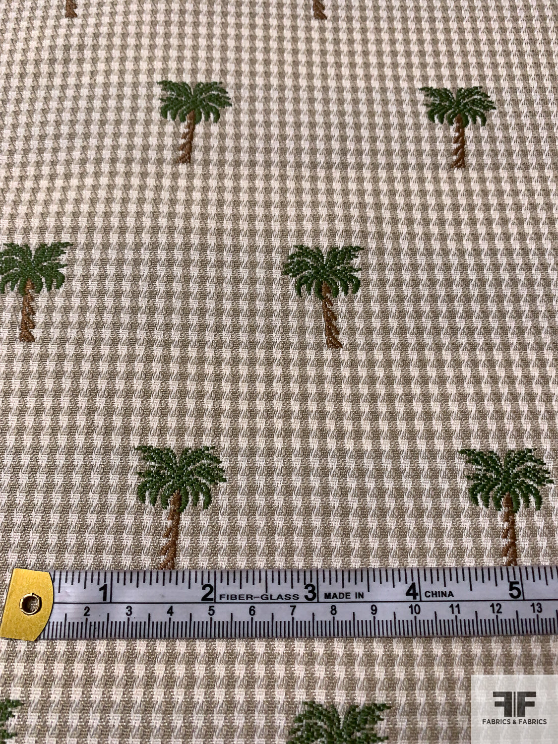 Mini Houndstooth Gingham and Palm Trees Suiting-Style Brocade - Tan / Fern Green / Nude Brown