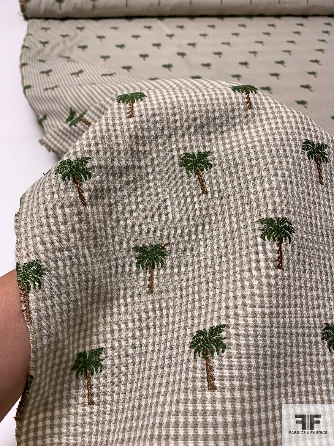 Mini Houndstooth Gingham and Palm Trees Suiting-Style Brocade - Tan / Fern Green / Nude Brown