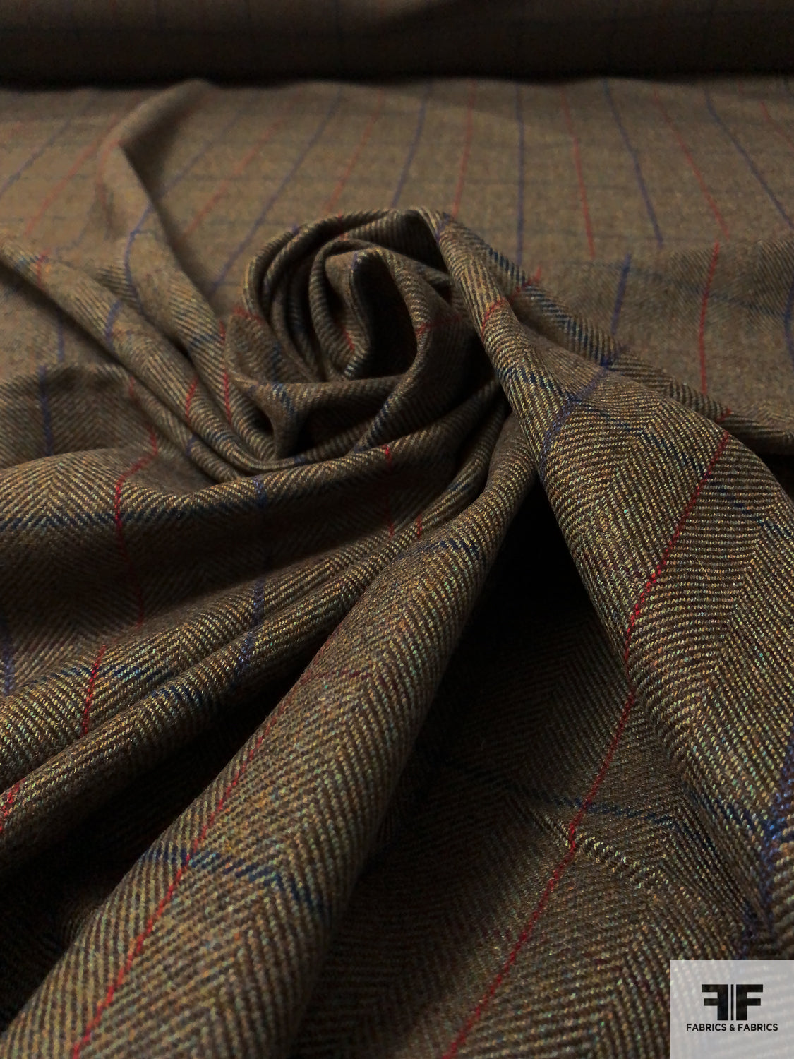 Italian Plaid Herringbone Wool Tweed Suiting - Brown / Sage / Blue / Red
