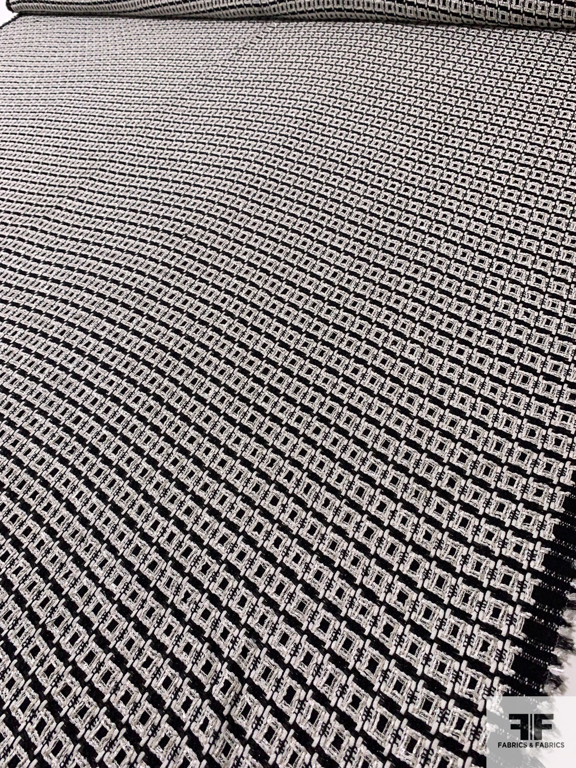 Italian Geometric Tweed Suiting with Clear Fibers - Black / White