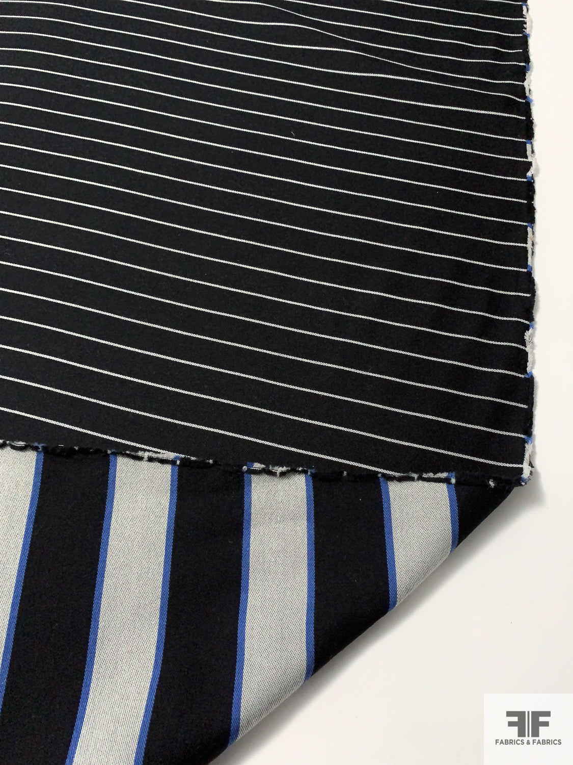 Italian Double-Sided Horizontal Striped Wool Blend Light Jacket Weight - Black / Off-White / Blue