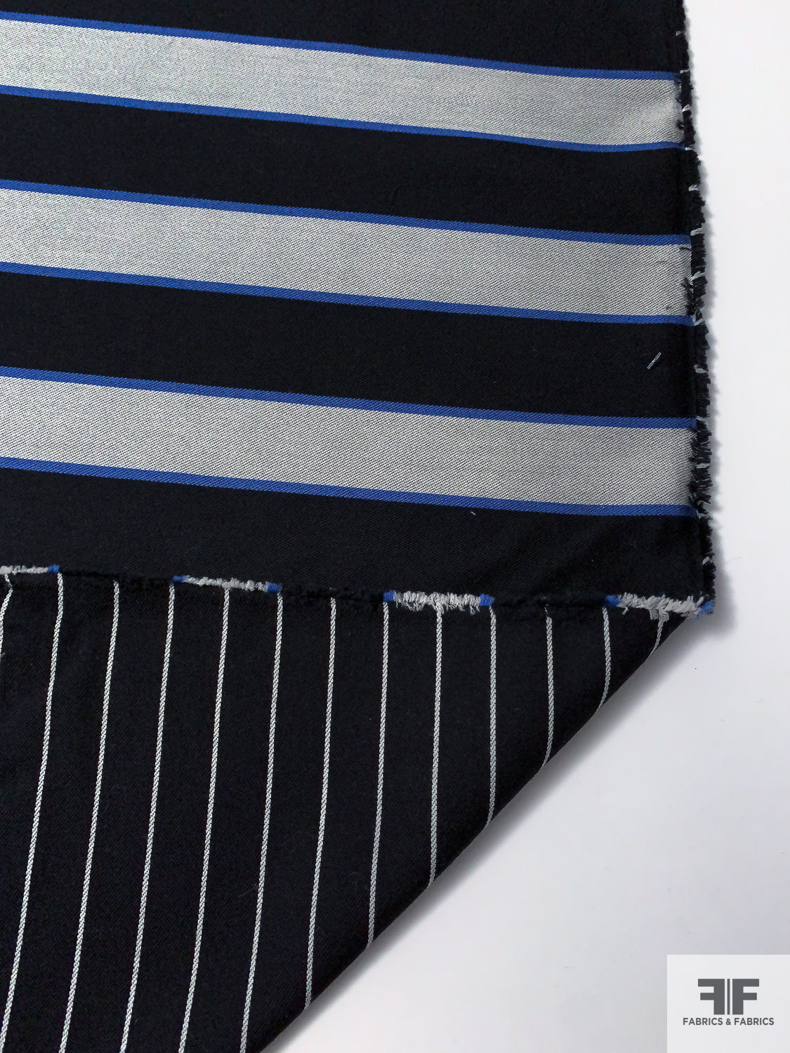 Italian Double-Sided Horizontal Striped Wool Blend Light Jacket Weight - Black / Off-White / Blue