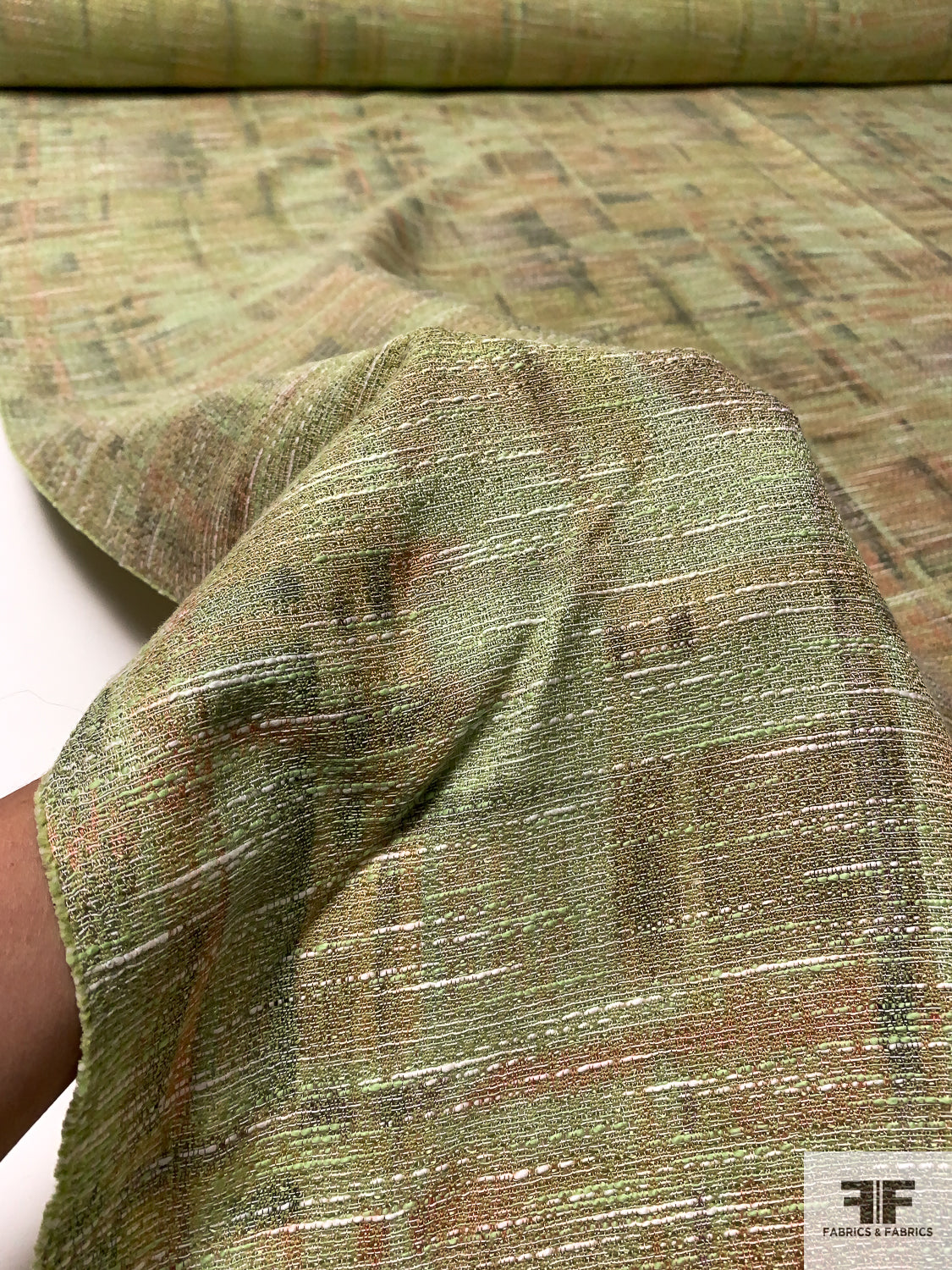 Abstract Ladies Tweed Suiting - Tea Green / Coral / Dark Grey