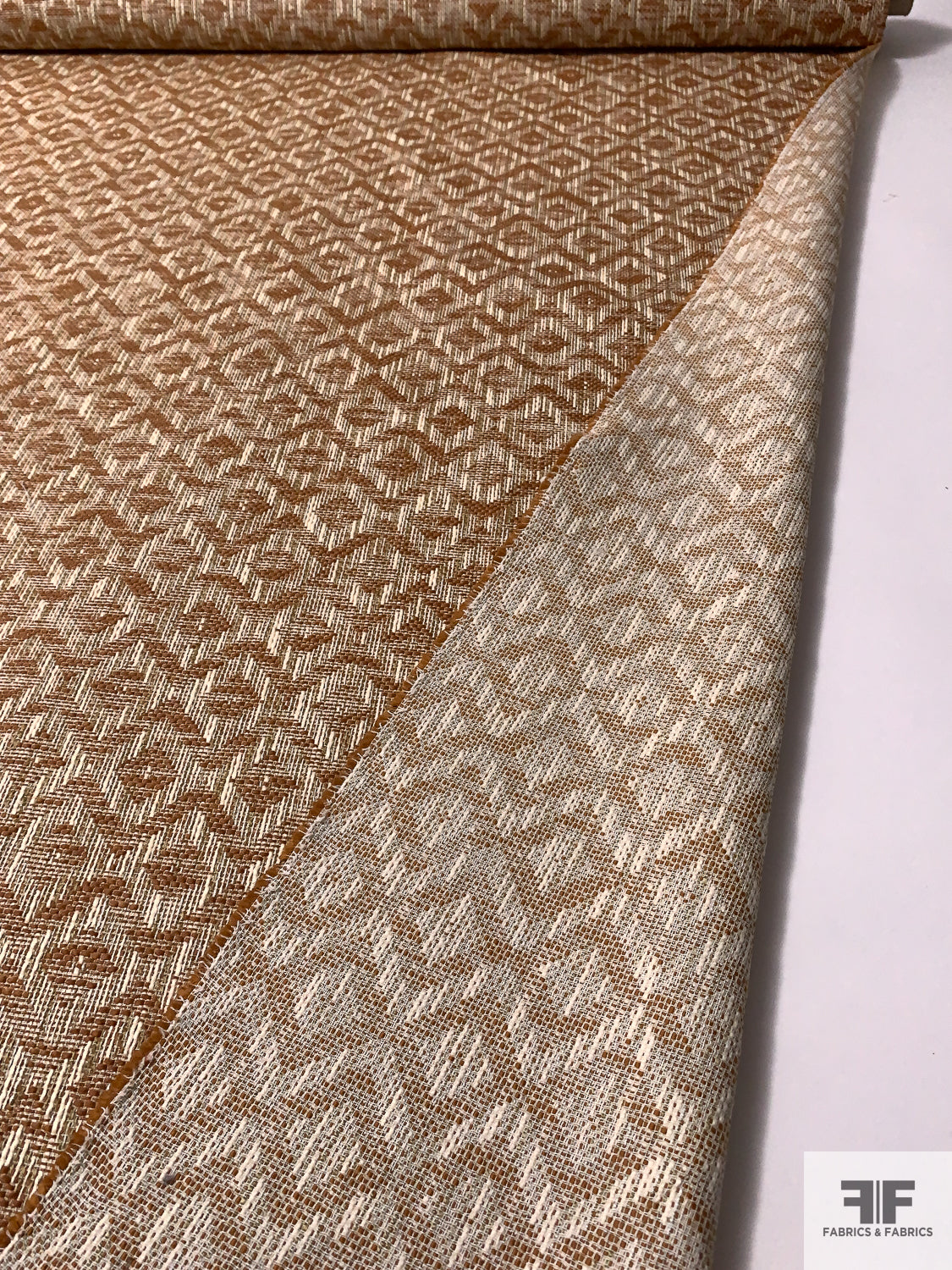Made in Spain Geometric Chevron Raffia Tweed Suiting - Brown-Orange / Cream / Olive