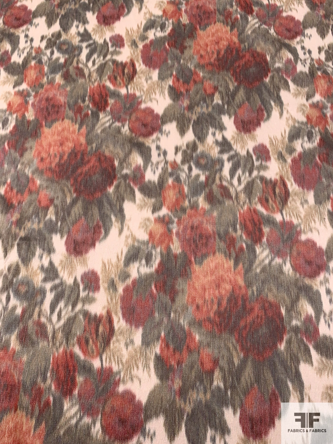 Hazy Floral Printed Matte-Satin Crinkled Stretch Cotton - Brick Red / Smoky Olive / Beige