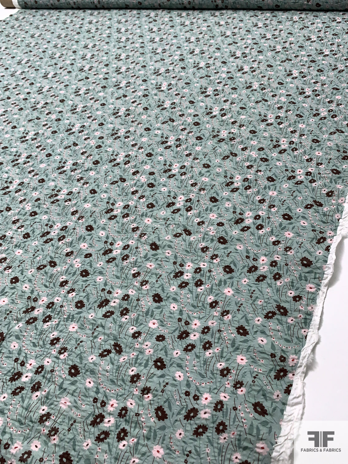 Ditsy Floral Printed Plissé Heavy Cotton Voile - Minty Sage / Brown / Baby Pink / Red