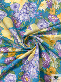 Italian Floral Printed Cotton-Silk Ottoman - Cyan / Purple / Greens / Yellow / Marigold