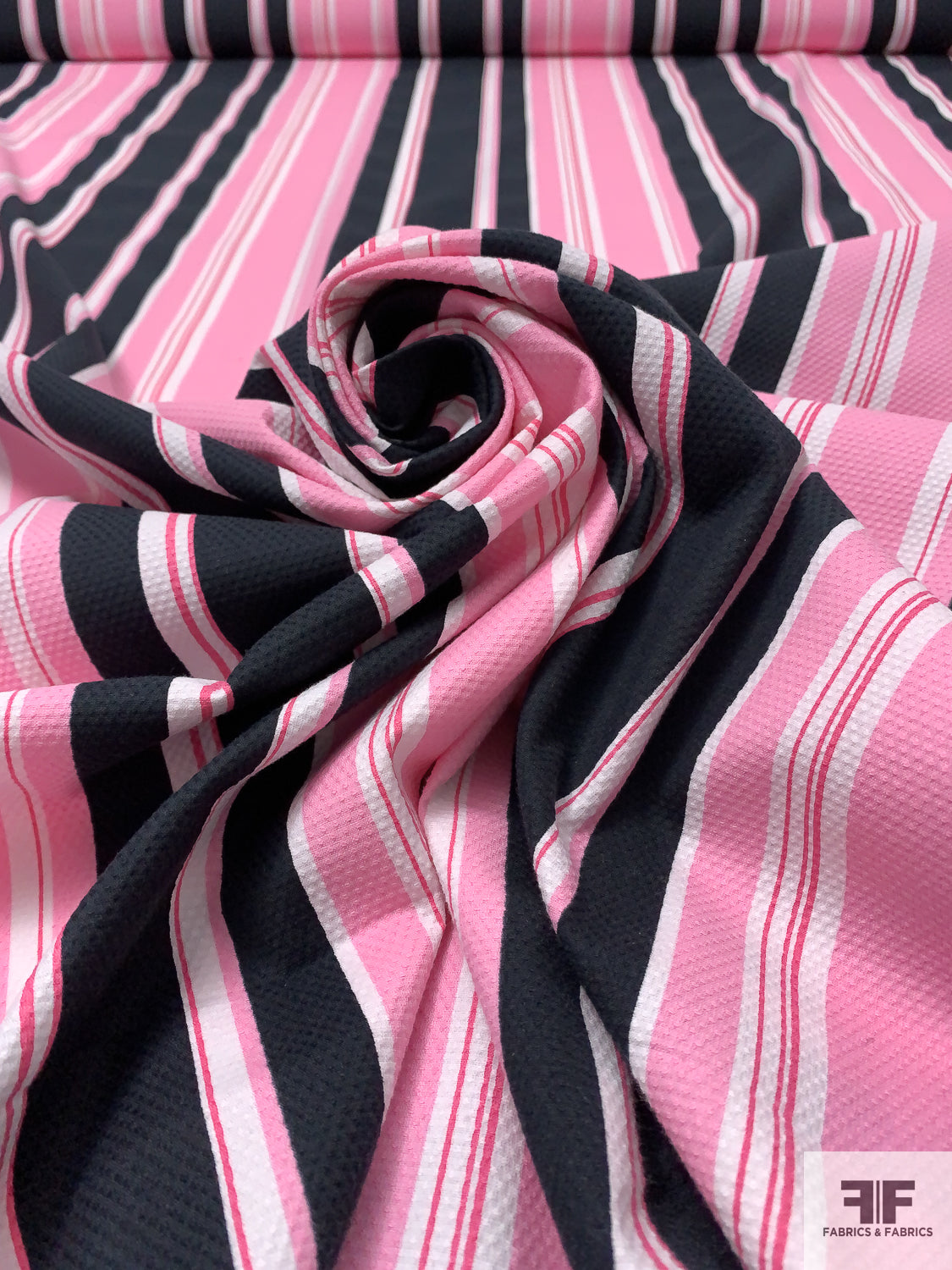 Vertical Striped Printed Stretch Cotton Pique - Pink / Navy / White
