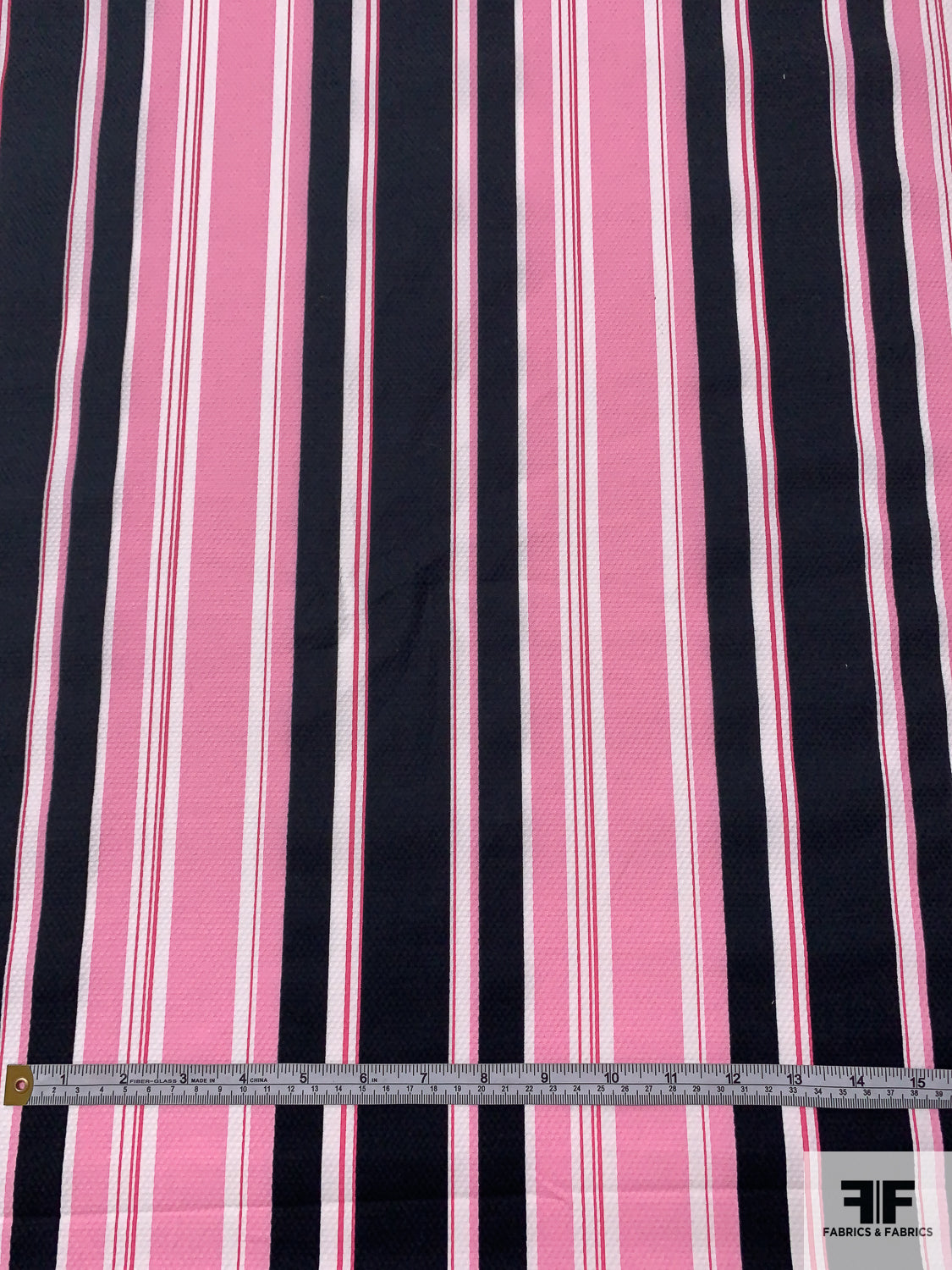Vertical Striped Printed Stretch Cotton Pique - Pink / Navy / White