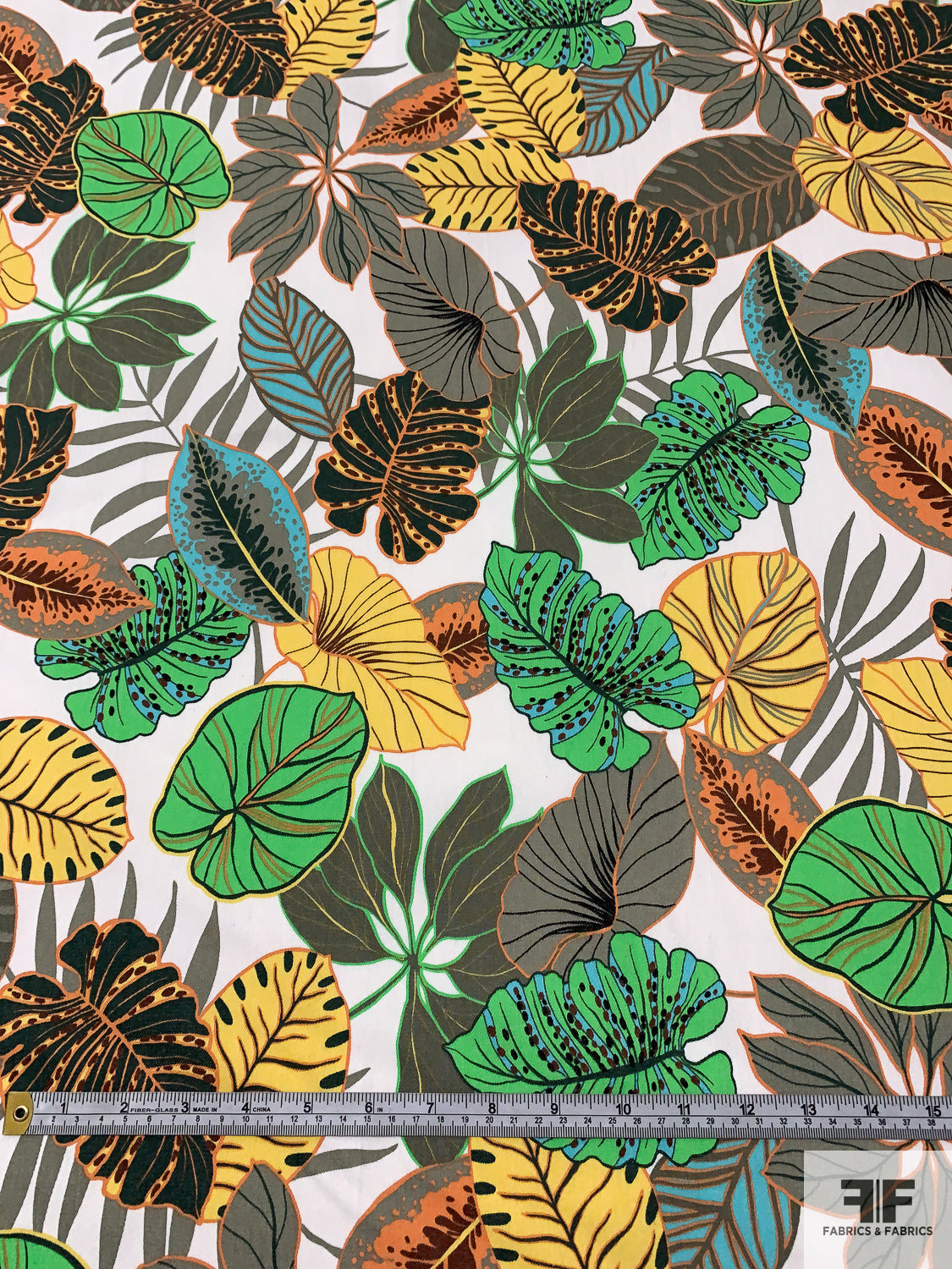 Tropical Leaf Printed Stretch Cotton Twill - Green / Khaki Green / Yellow / Orange / Off-White