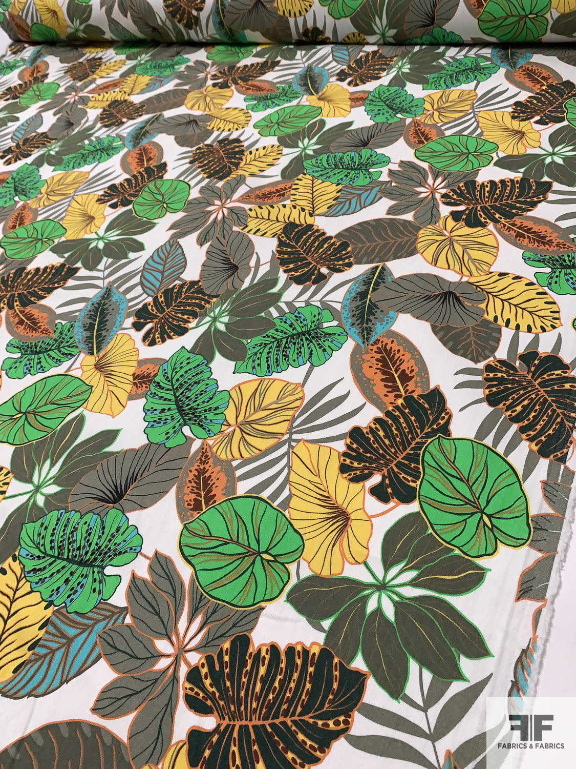 Tropical Leaf Printed Stretch Cotton Twill - Green / Khaki Green / Yellow / Orange / Off-White