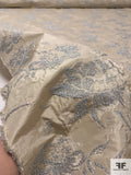 Italian Silk Taffeta with Floral Lurex Design - Beige / Silver