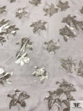 Italian Fine Silk Satin-Organza Jacquard with Metallic Floral Design - Warm Silver / Off-White