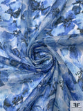 Italian Floral Printed Crinkled Glossy Voile - Blue / Navy / White