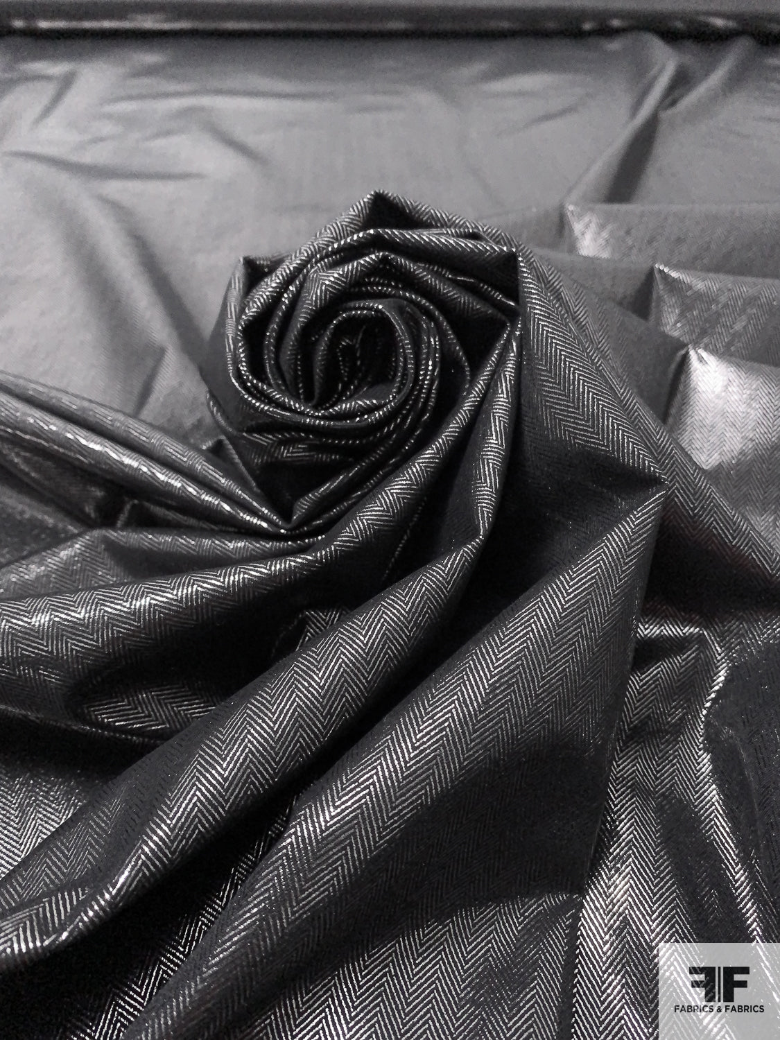 Italian Foil Printed Herringbone Stretch Cotton Blend - Black / Silver