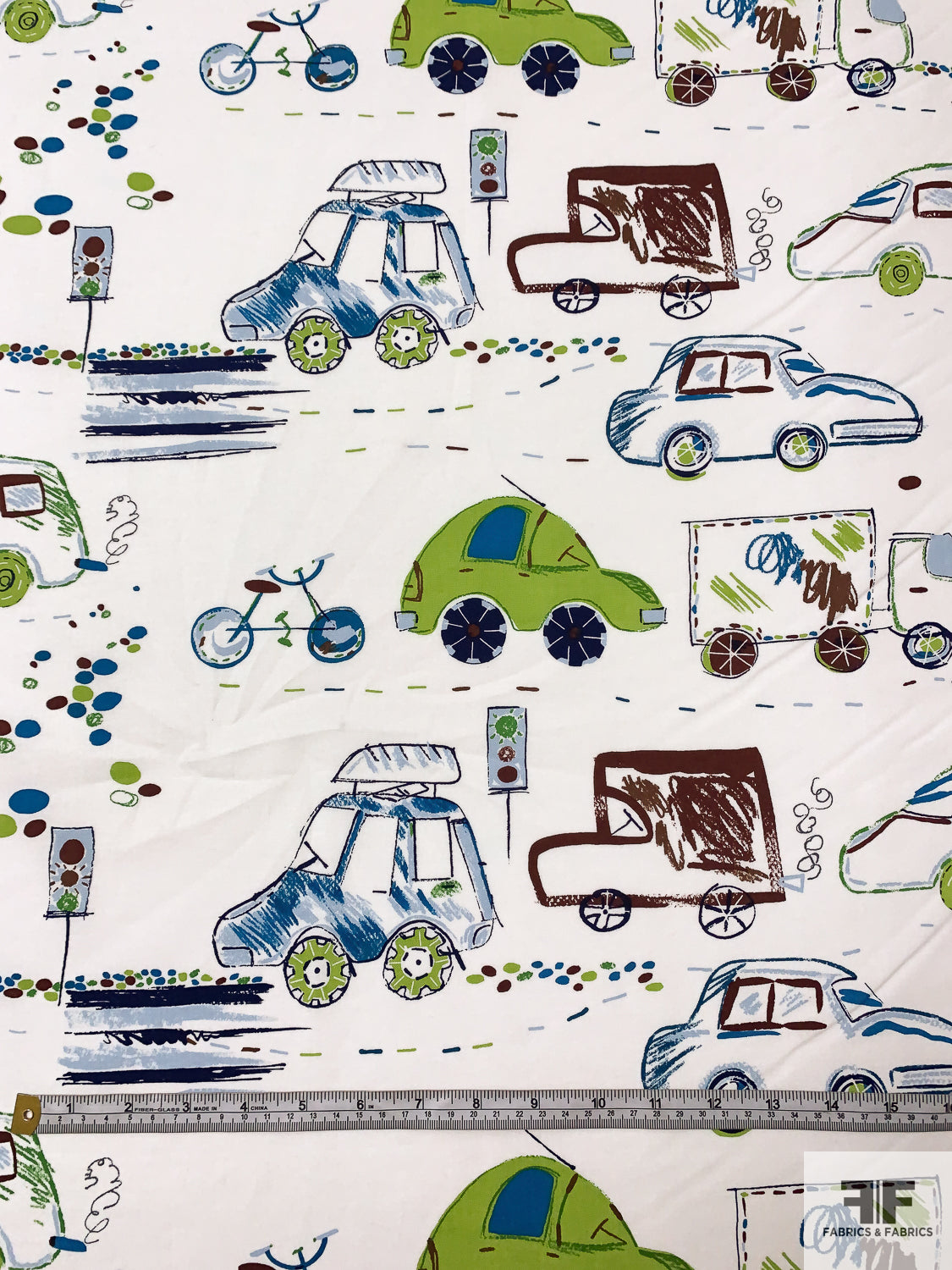 Car and Bicycle Drawing Printed Cotton Lawn - Lime / Brown / Teal / Off-White