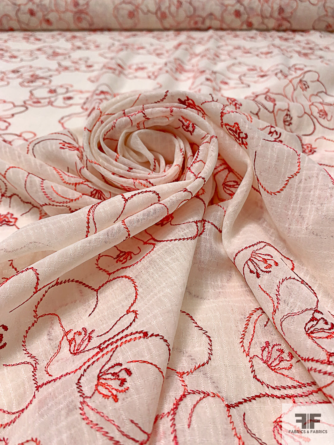 Floral Embroidered Linen-Look Voile - Ivory/Red | FABRICS & FABRICS ...