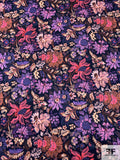 Painterly Floral Printed Fine Polyester Twill - Navy / Pink / Violet / Brown
