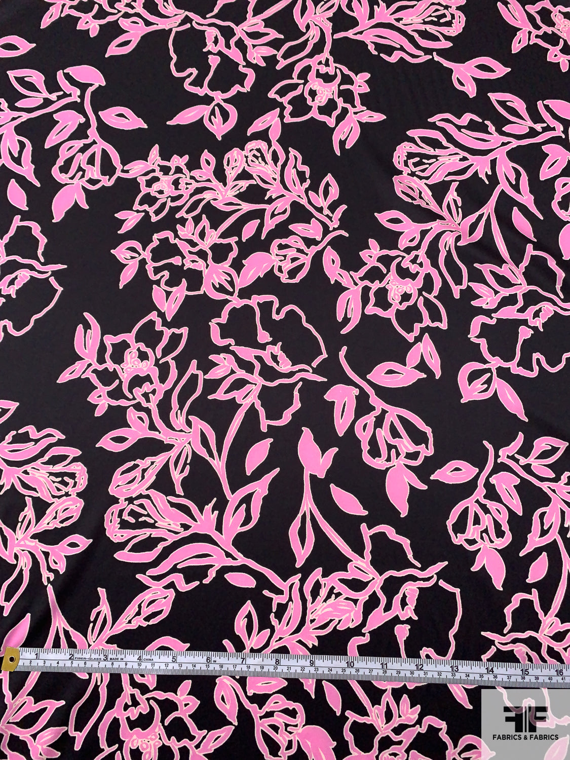 Sketch Floral Printed Polyester Charmeuse - Bubblegum Pink / Black / Cream