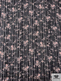 Floral Printed Satin Striped Polyester Chiffon with Lurex Pinstripes - Black / Dusty Peach / Off-White