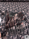 Floral Printed Satin Striped Polyester Chiffon with Lurex Pinstripes - Black / Dusty Peach / Off-White