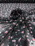 Ditsy Floral Printed Finely Striped Polyester Chiffon - Strawberry / Evergreen / Black / White