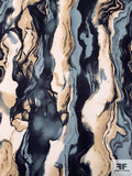 Abstract Wavy Inspired Printed Polyester Charmeuse - Dusty Seafoam / Navy / Tan / Ivory