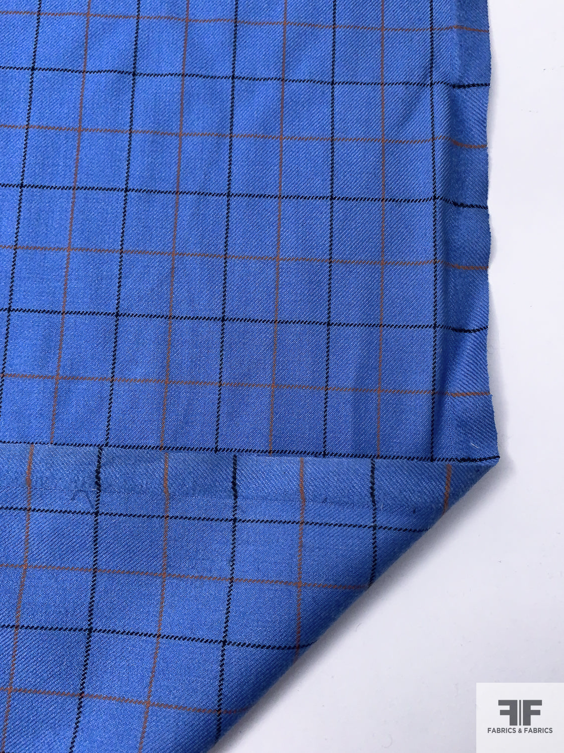 Made in England Small Windowpane Gabardine Wool Suiting - True Blue / Burnt Orange / Black
