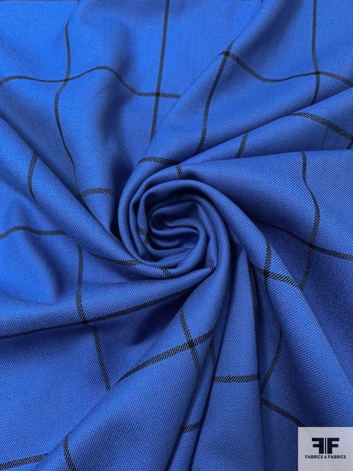 Made in England Large Windowpane Gabardine Wool Suiting - True Blue / Black