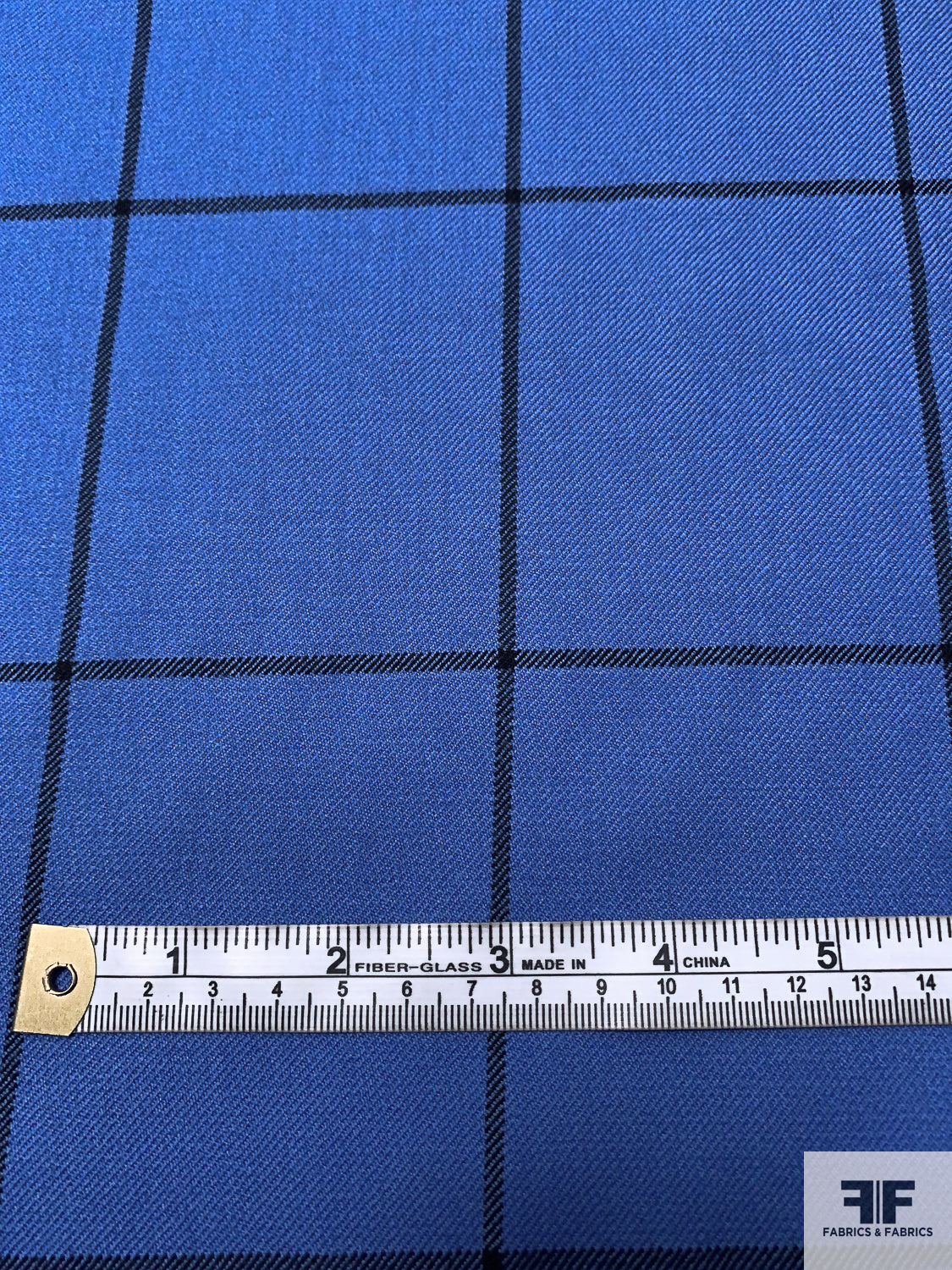 Made in England Large Windowpane Gabardine Wool Suiting - True Blue / Black