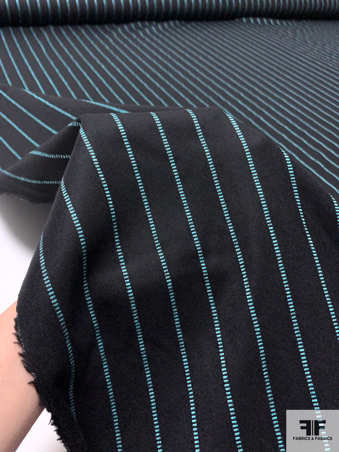 Italian Dot Striped Wool Suiting - Black / Turquoise