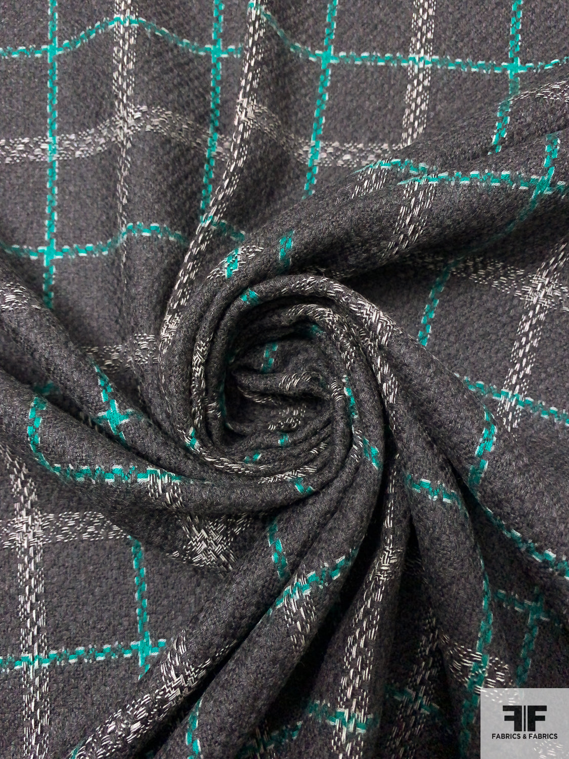 Windowpane Plaid Wool Tweed Suiting - Dark Grey / Jade Green / Off-White
