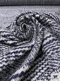 Linear Pattern Wool Blend Brushed Jacket Weight - Indigo Blue / Off-White