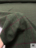 Made in England Windowpane Lambswool Flannel Suiting - Moss Green / Raspberry
