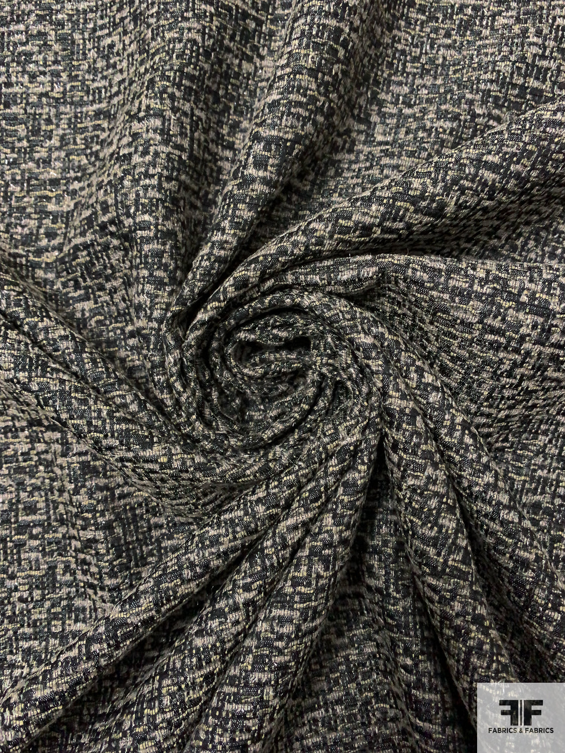 Italian Tweed-Look Brocade Suiting with Lurex Fibers - Beige / Black / Gold  - Fabric by the Yard