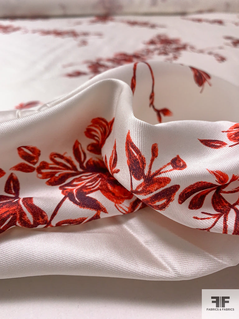 Red and Black Floral Branchwork Printed on Kiana Silk