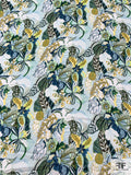 Exotic Floral Printed Silk Georgette - Ocean Hues / Dusty Yellow
