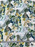 Exotic Floral Printed Silk Georgette - Ocean Hues / Dusty Yellow