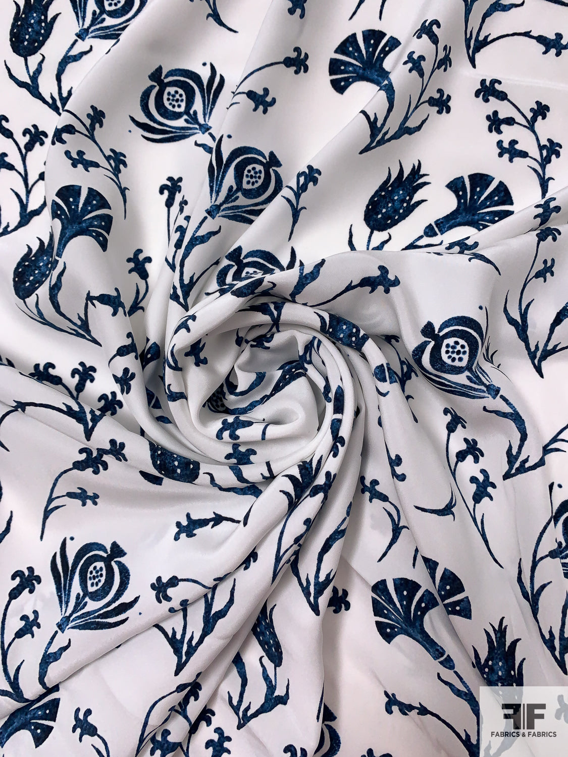 Tassled Floral Matte-Side Printed Silk Charmeuse - Navy Blue/Off-White
