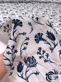 Tassled Floral Matte-Side Printed Silk Charmeuse - Navy Blue / Off-White