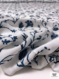 Tassled Floral Matte-Side Printed Silk Charmeuse - Navy Blue / Off-White