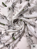 Butterflies and Toile-Like Matte-Side Printed Silk Charmeuse - Dark Brown / Black / Green / Off-White