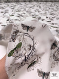 Butterflies and Toile-Like Matte-Side Printed Silk Charmeuse - Dark Brown / Black / Green / Off-White