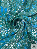 Exotic Collage Matte-Side Printed Silk Charmeuse - Dark Green / Turquoise / White